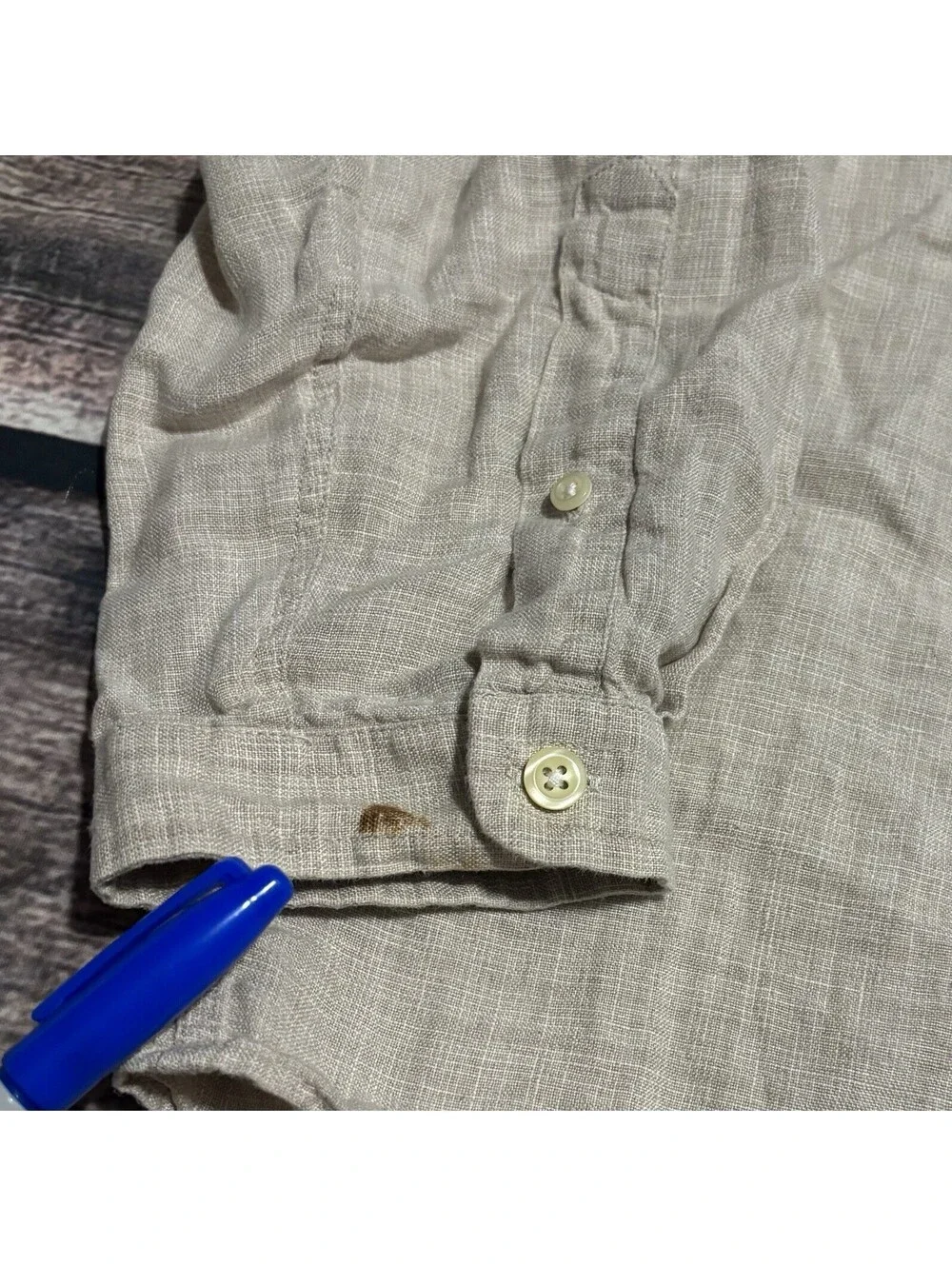 90s J Crew Shirt Mens Large Linen Check Beige Band Collar Pocket